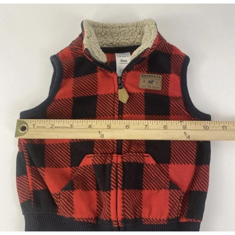 Carter's Fleece Vest 9m Red Buffalo Plaid Reindeer Racing‎ Crew Kids